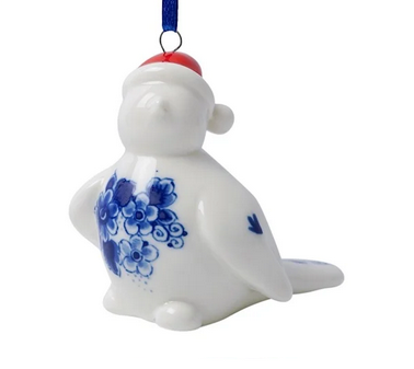 Delfts Christmas Ornament Bird with Santa Hat 2