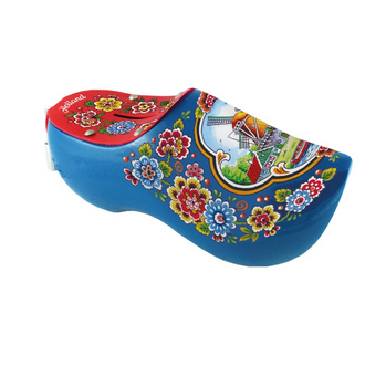 Wooden Shoe Money Box 14 cm Blue Red Sole