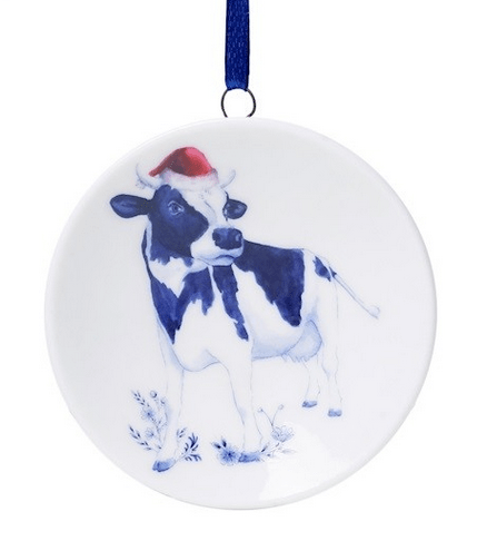 Christmas ornament wall plaque - Santa hat cow - Ceramic - 6 cm