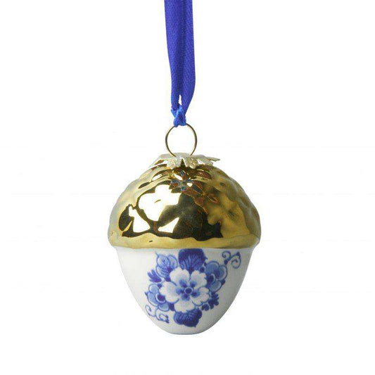 Christmas Ornament, Delft Blue, Acorn with Gold Cap