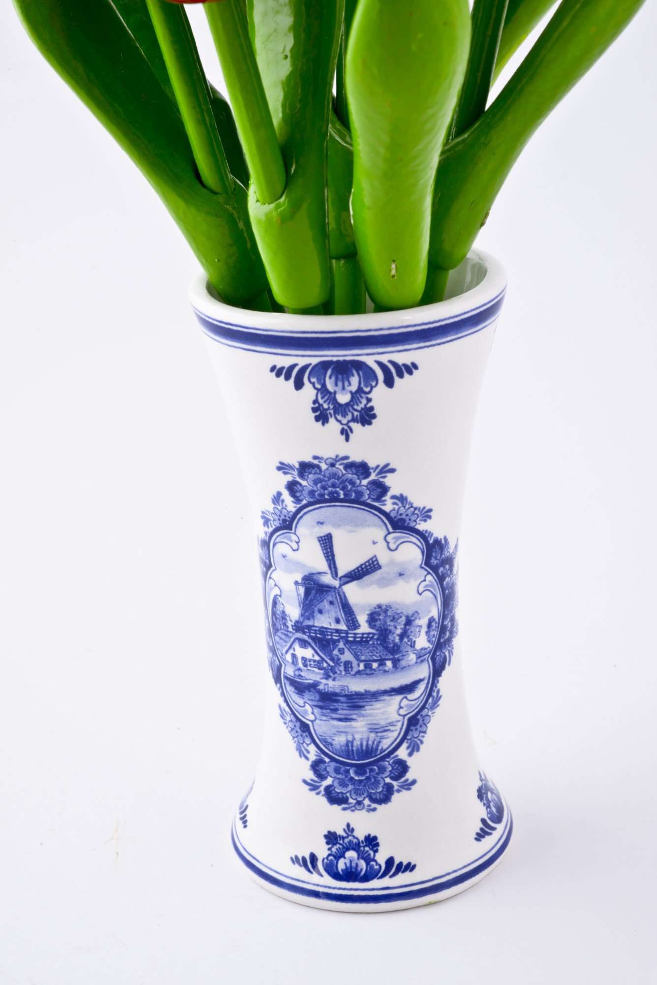 Vase with Tulips, Delft Vase, 9 Small Wooden Tulips