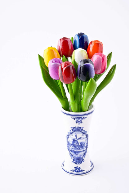 Vase with Tulips, Delft Vase, 9 Small Wooden Tulips