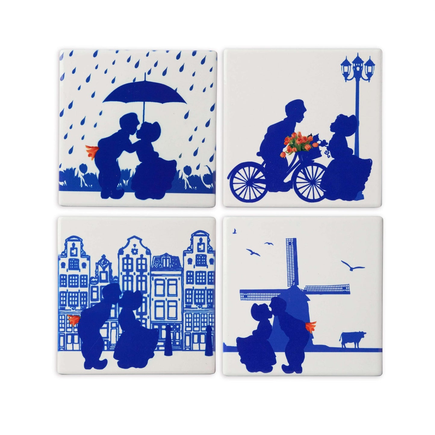 Delftsblauwe onderzetters van keramiek met 4 afbeeldingen van Nederlandse Kussende Paren