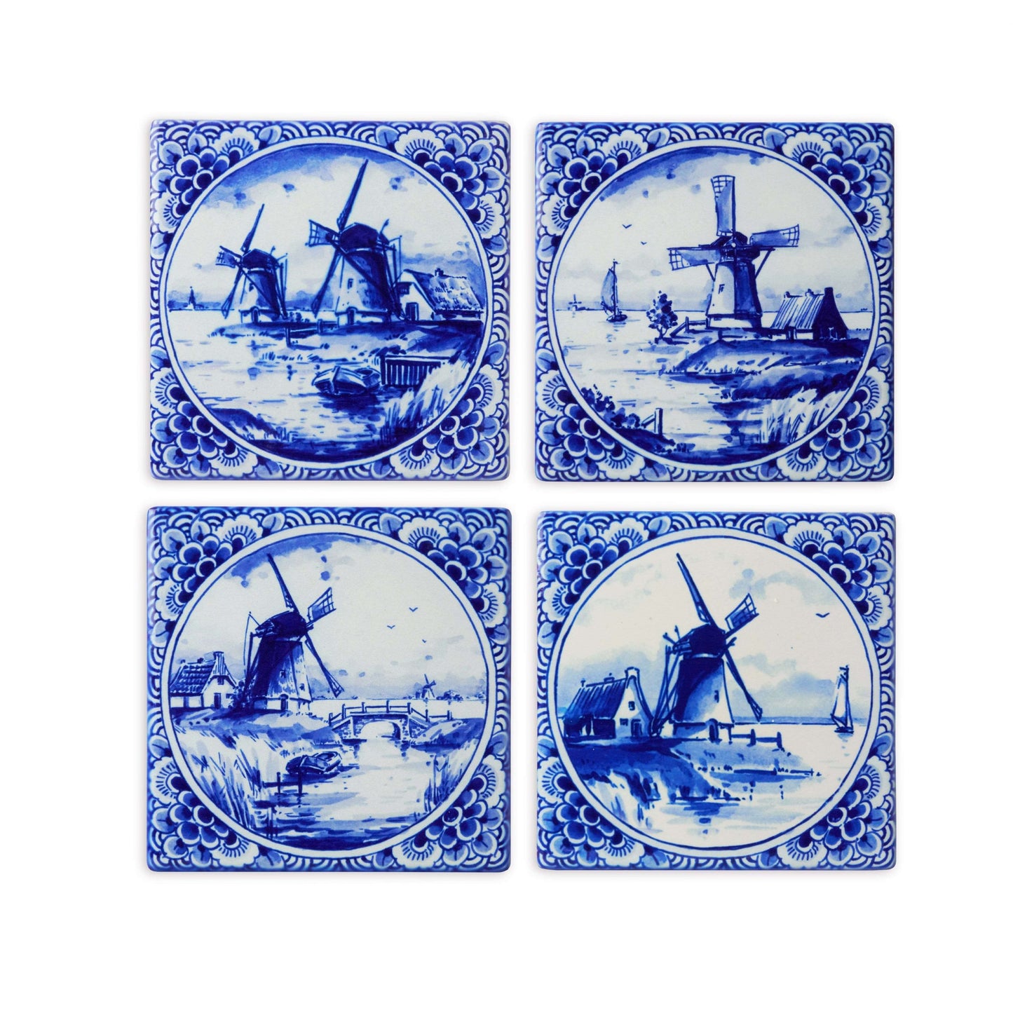 Delftsblauwe onderzetters van keramiek met 4 afbeeldingen van windmolens