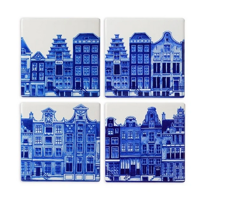 Delftsblauwe onderzetters van keramiek met 4 afbeeldingen van grachtenpanden