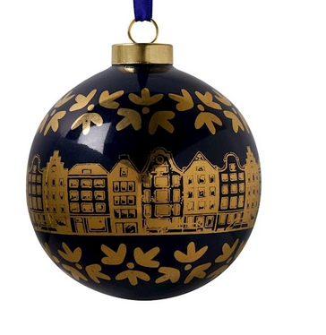 Delfts Kerstbal Grachtenhuisjes Goud/Blauw Groot