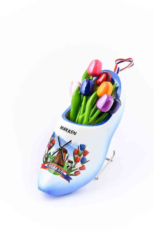 Wooden Shoe with Tulips, Blue-White - Woodenshoefactory Marken