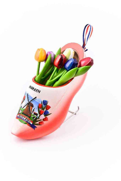 Wooden Shoe with Tulips, Red-White - Woodenshoefactory Marken